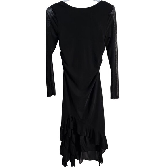 NWOT | Black Sheer Long Sleeve Ruched Twist Front Ruffle Hem Midi Dress | Small - Picture 2 of 6